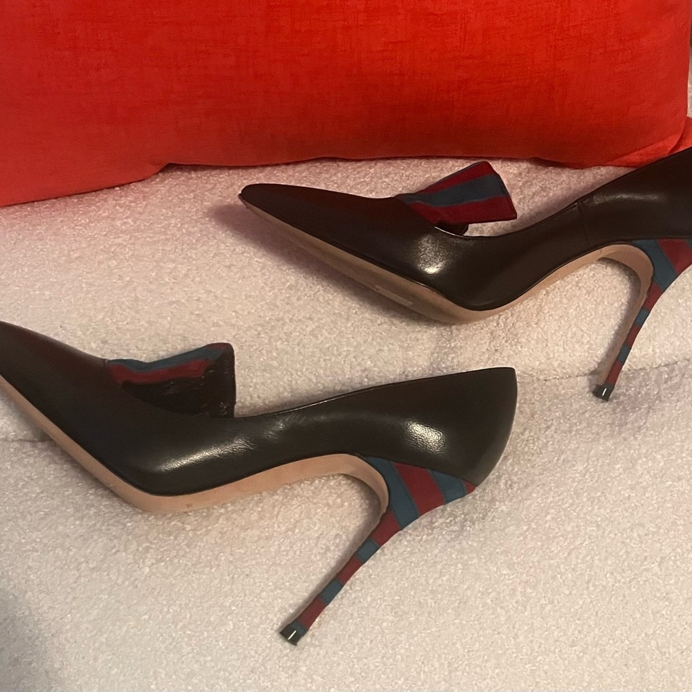 Manolo Blahnik Black Heels with Red and Blue Stripes - Picture 9 of 15
